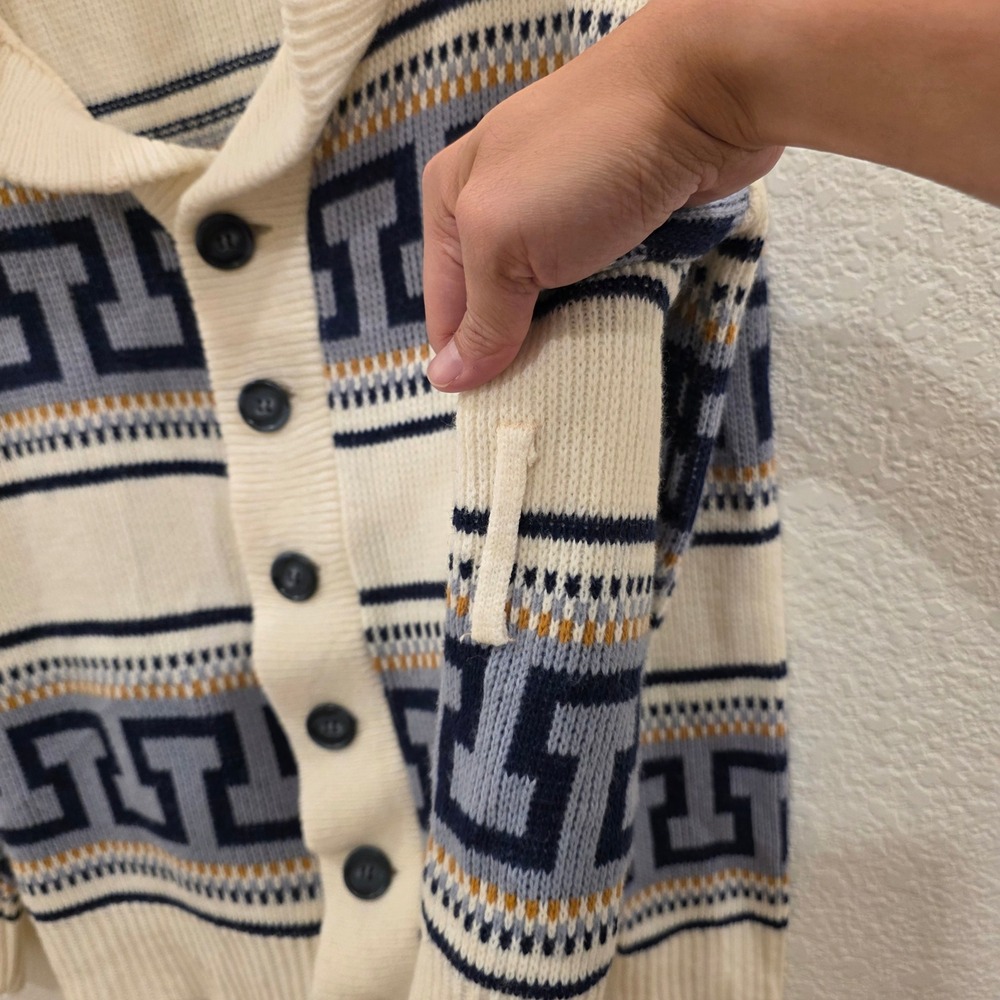 Vintage Sarby Sportswear Greek Key Shawl Collar Cardigan Mens L Cream Blue Heavy - Picture 8 of 11